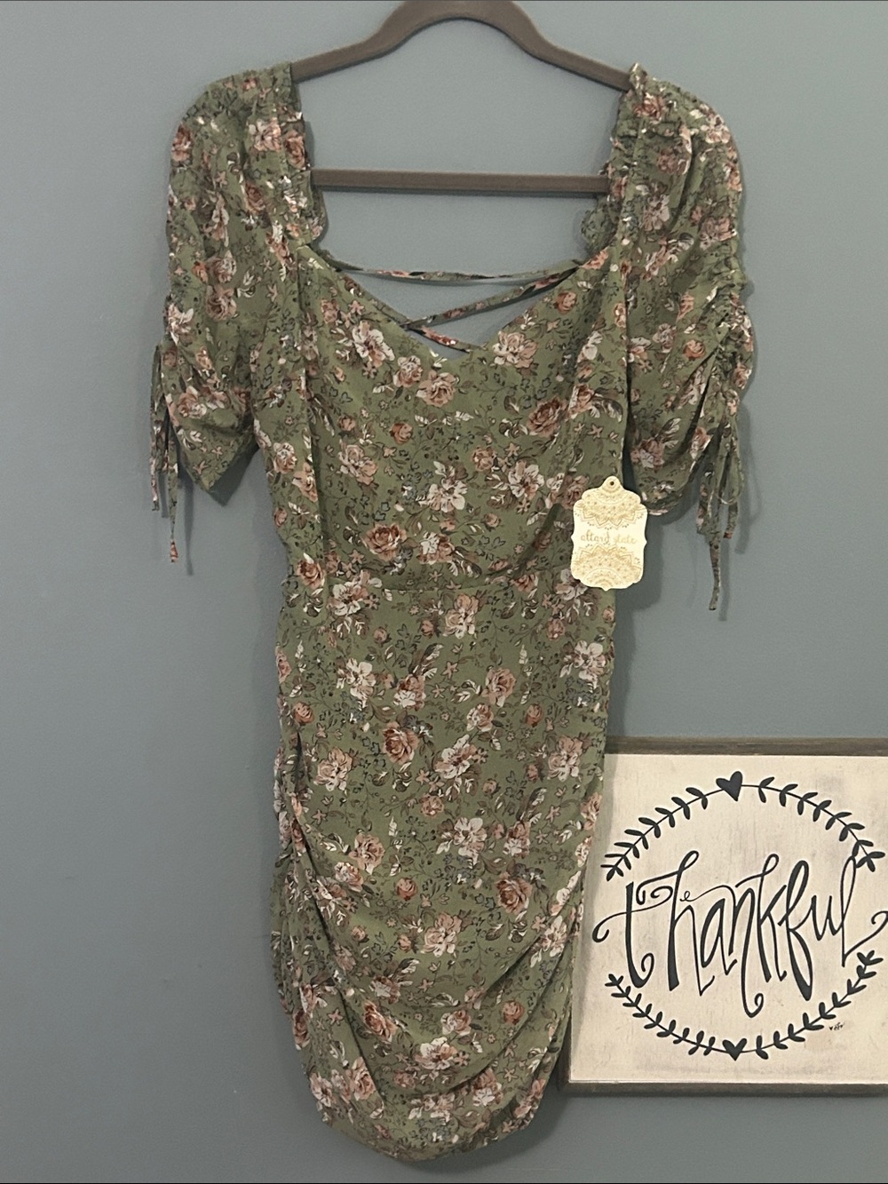 Altar'd State Olive Green Floral Backless Midi Dress